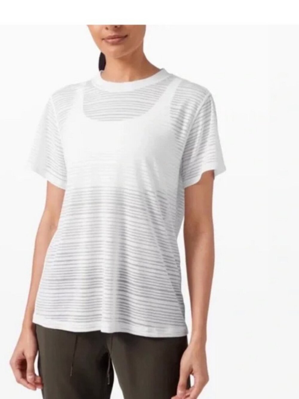 Lightweight Breathable White Grey Stripe Crew Neck Activewear Short Sleeve Tee